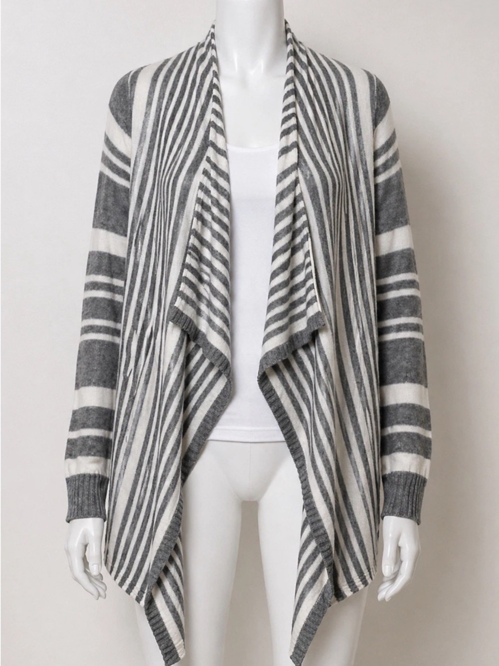 Gray White Striped Open Cardigan Drape Knit Sweater Small Cozy